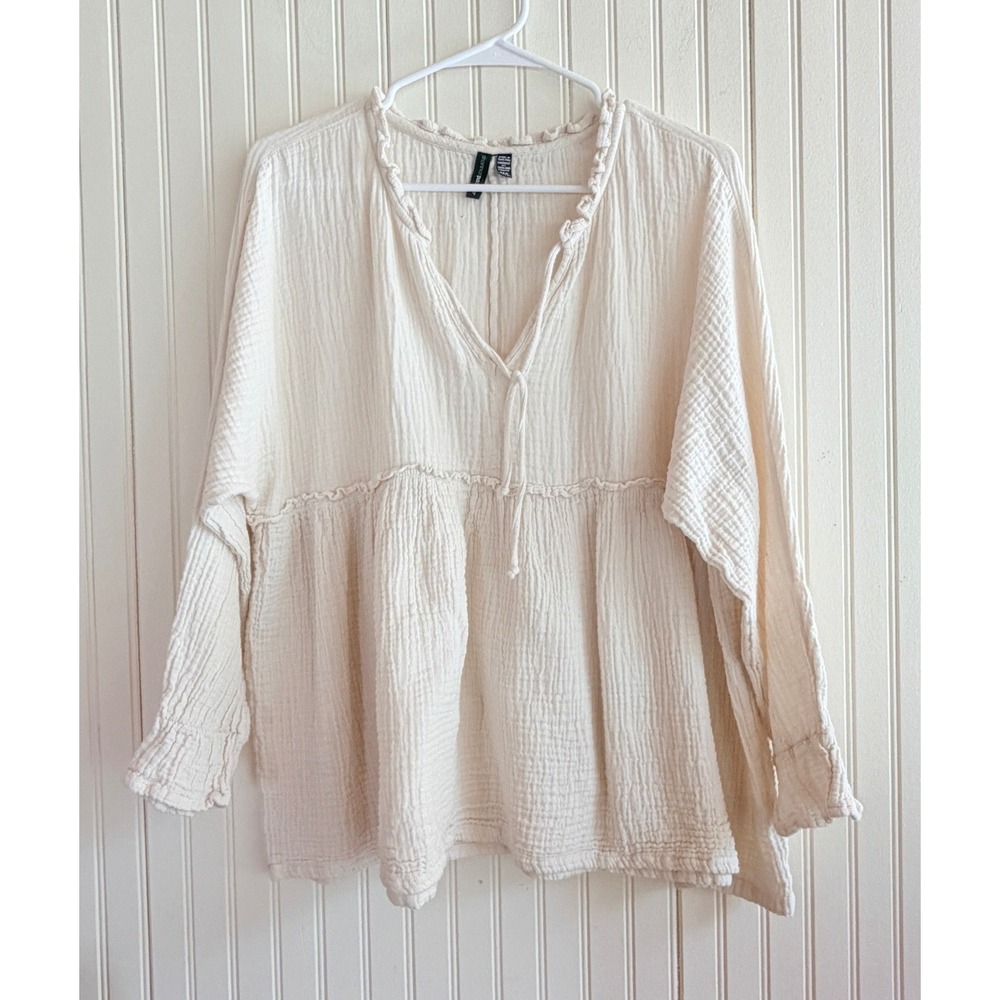 Shannon Passero Cream Crinkle Gauze Babydoll Tunic Top ML Long Sleeve Ruffle